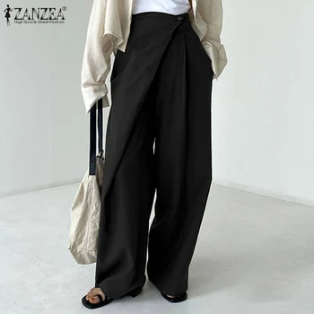 ZANZEA Ženske ravnici elegantne široke ulične hlače s elastičan struk, Široke duge hlače Femme Svakodnevne Ljetne Hlače na zakopčane 2021