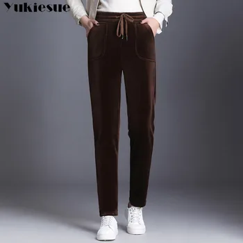 Vintage Jesen zima debele hlače flcce Svakodnevne Ženske hlače s visokim elastičan struk Ženske crne hlače ženske sportske hlače Duge hlače S-6XL
