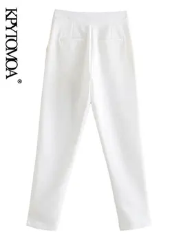 KPYTOMOA Ženska moda Prednji džepovi s gumbima Uredski odjeća Hlače Vintage visokim strukom Munja Ženske hlače na щиколотке Mujer